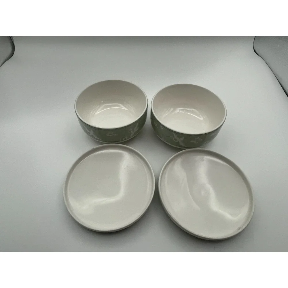Korean Celadon Porcelain Crane Motif Cloud Lidded Rice Bowls‎ 4